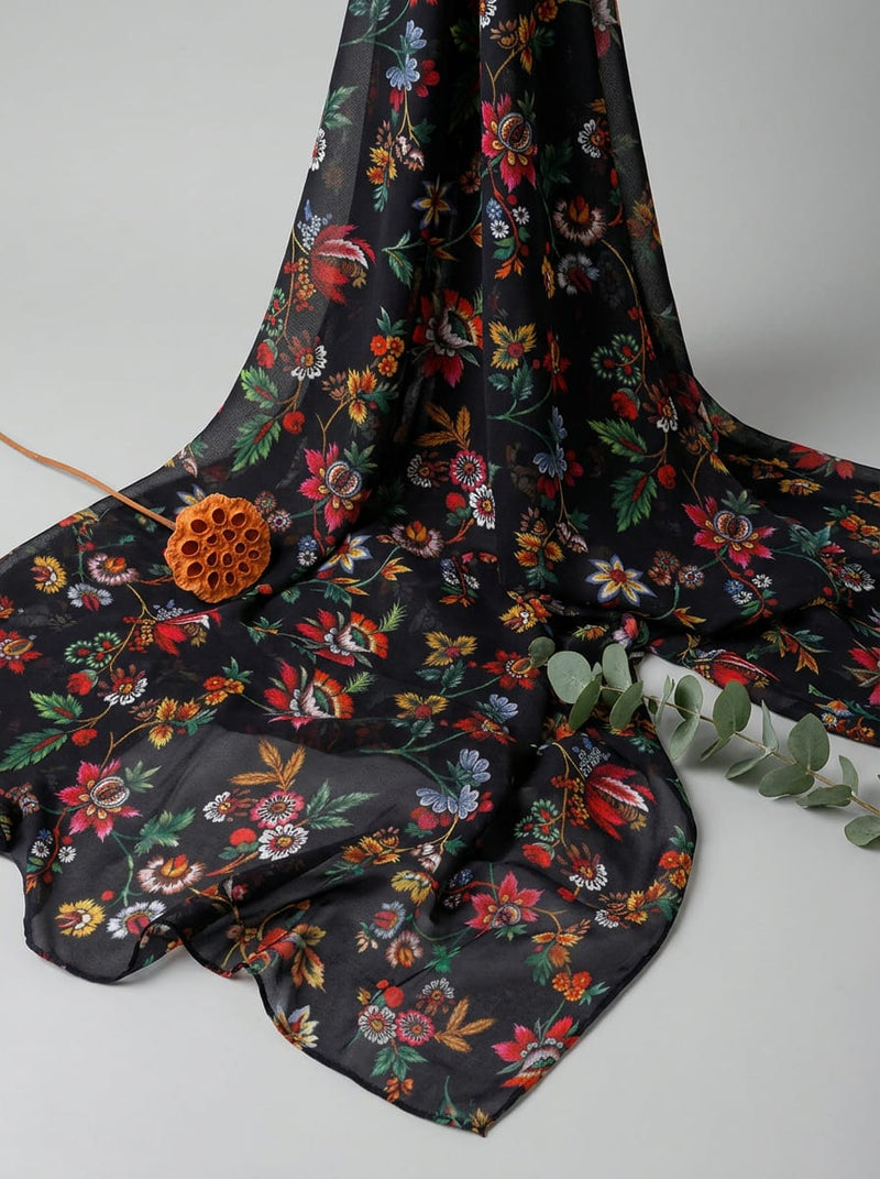 Black Colorful Ethnic Floral Vine Weightless Digital Printed Fabric