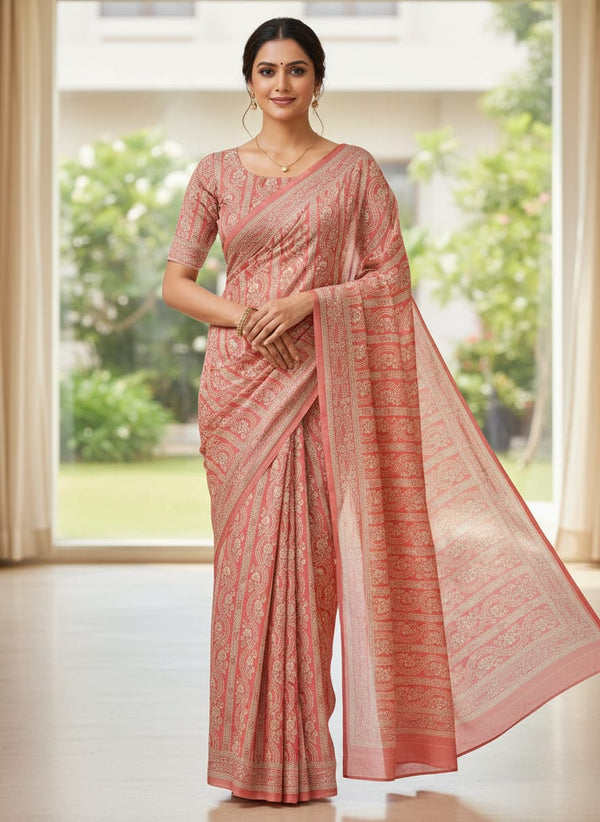 Pink Ethnic Damask Stripe Pattern Jam Satin Digital Printed Fabric - Saree Lookbook - JAM-0-MA09167-108 - alternate view