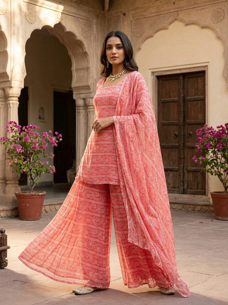 Pink Ethnic Floral Paisley Stripe Pure Chiffon Digital Printed Fabric