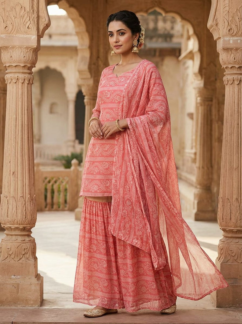 Pink Ethnic Paisley Floral Stripe Pure Georgette Digital Printed Fabric
