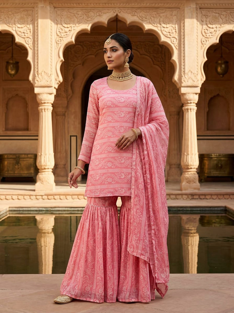 Pink Ethnic Paisley Floral Stripe Pure Georgette Digital Printed Fabric
