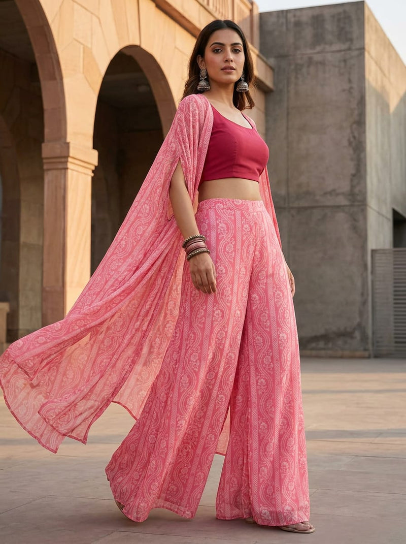 Pink Ethnic Paisley Floral Stripe Pure Georgette Digital Printed Fabric
