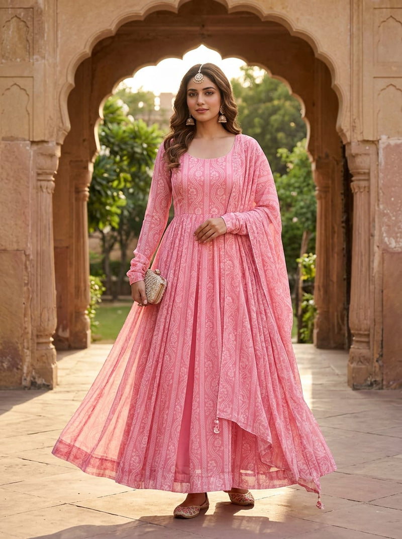 Pink Ethnic Paisley Floral Stripe Pure Georgette Digital Printed Fabric