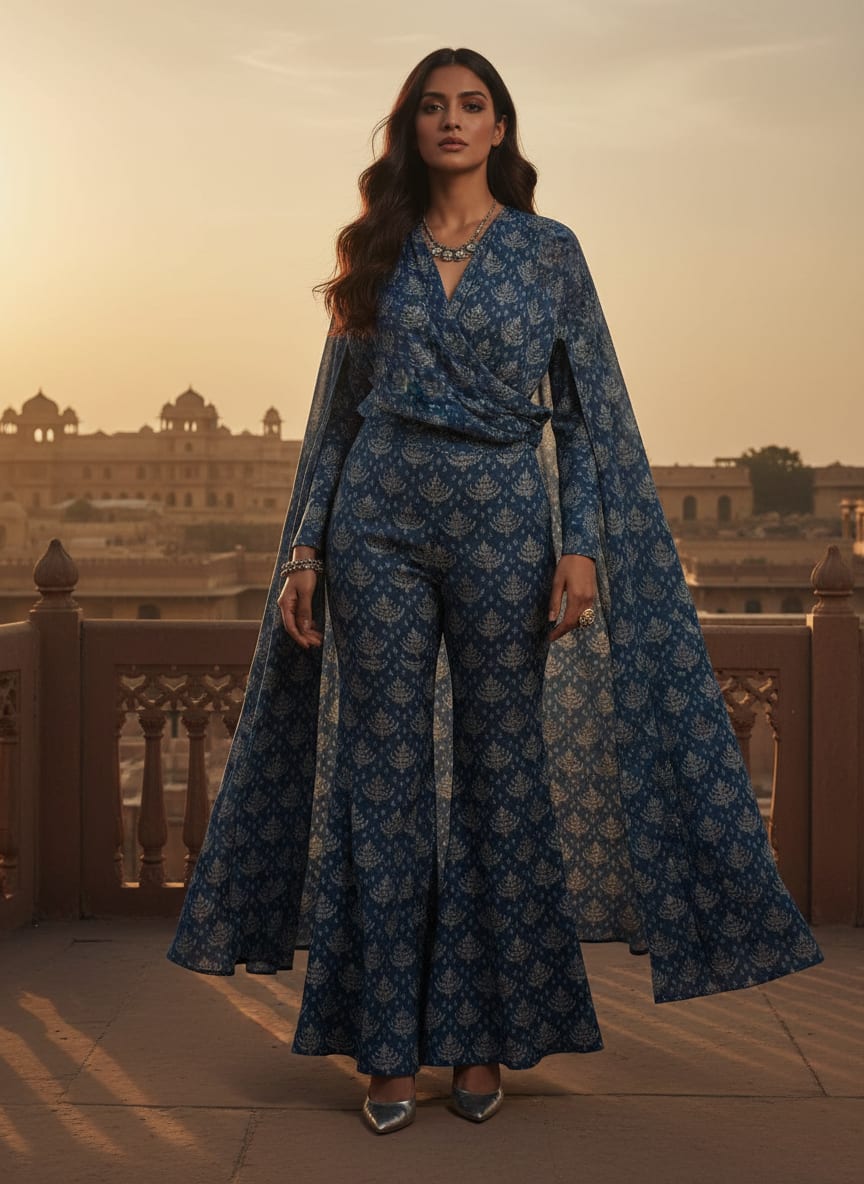 Suzani Over Blue Base Digital Printed Fabric