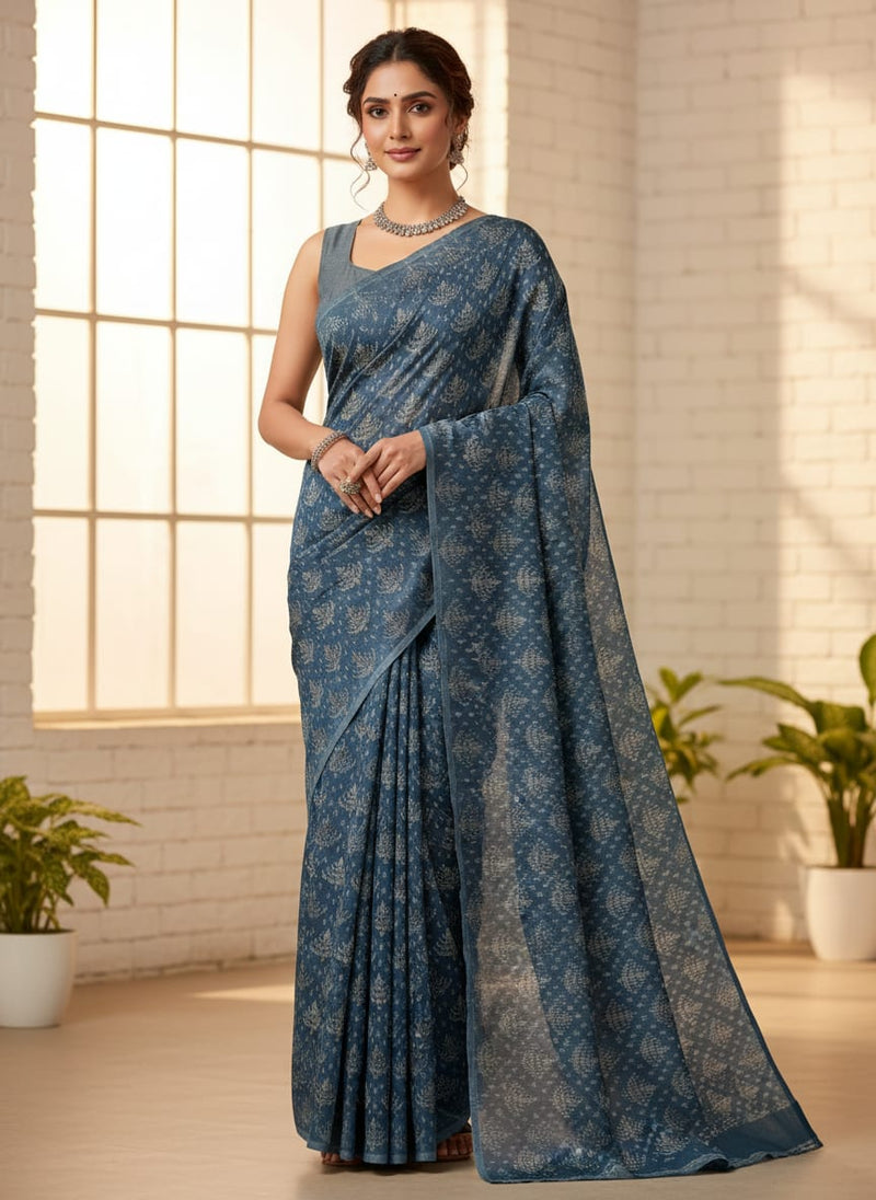 Suzani Over Blue Base Digital Printed Fabric