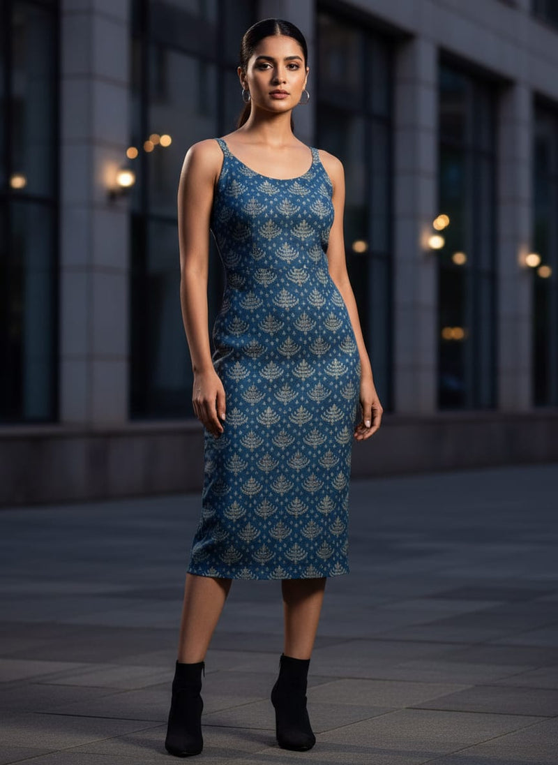 Suzani Over Blue Base Digital Printed Fabric