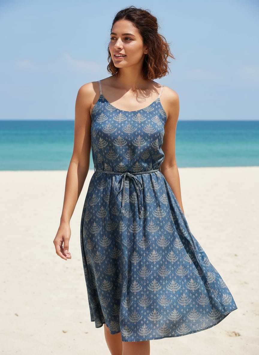 Suzani Over Blue Base Digital Printed Fabric