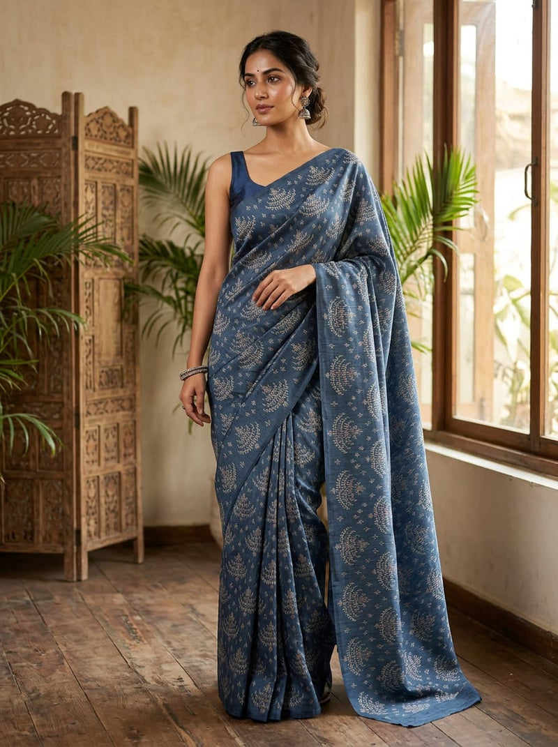 Navy Ethnic Chandelier Motif Kora Silk Digital Printed Fabric