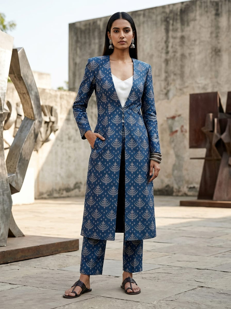 Navy Ethnic Chandelier Motif Kora Silk Digital Printed Fabric