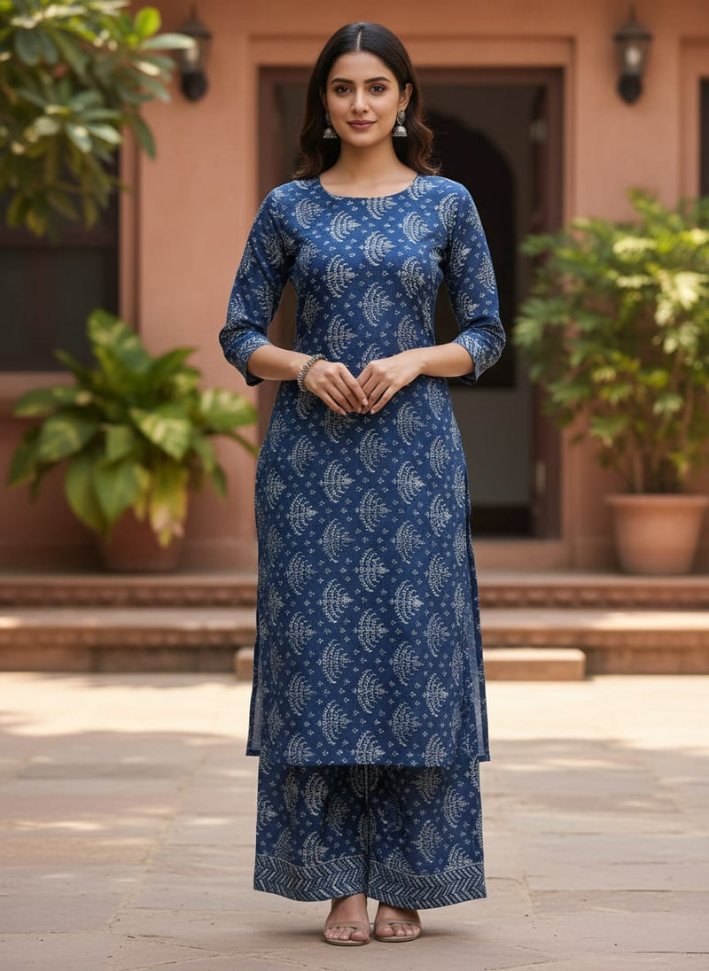 Suzani Over Blue Base Digital Printed Fabric