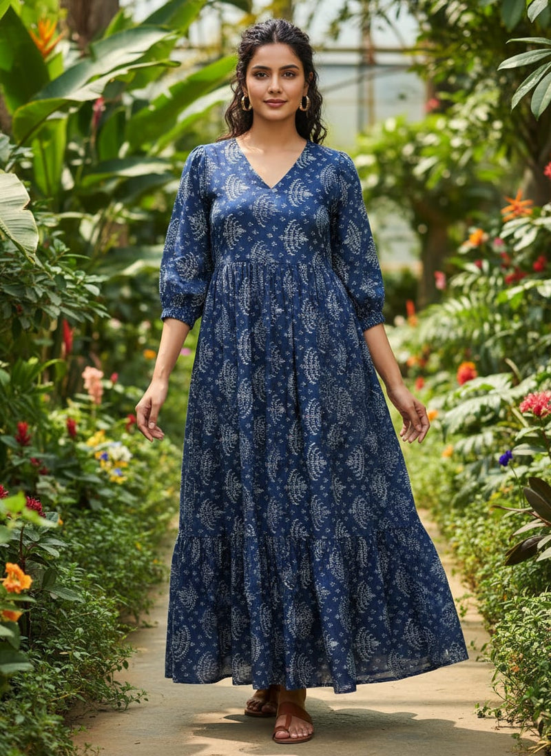 Suzani Over Blue Base Digital Printed Fabric