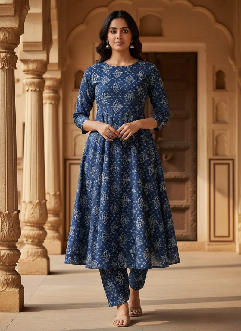 Suzani Over Blue Base Digital Printed Fabric