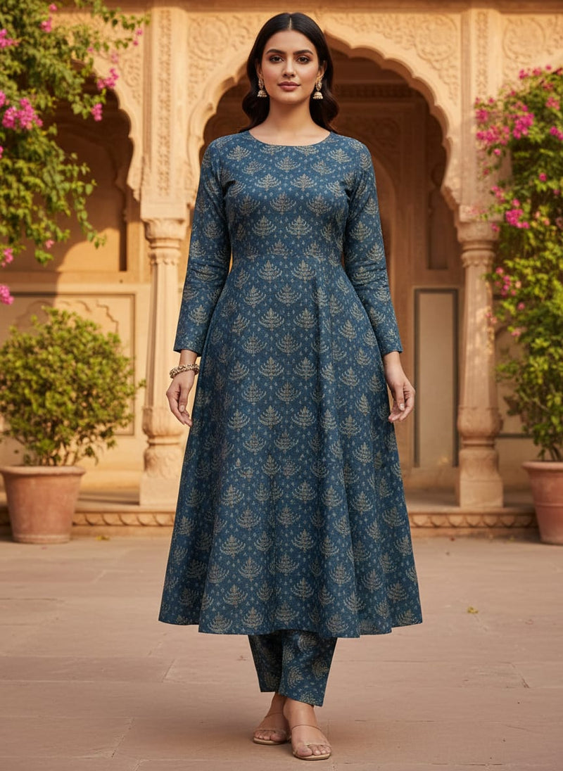 Suzani Over Blue Base Digital Printed Fabric