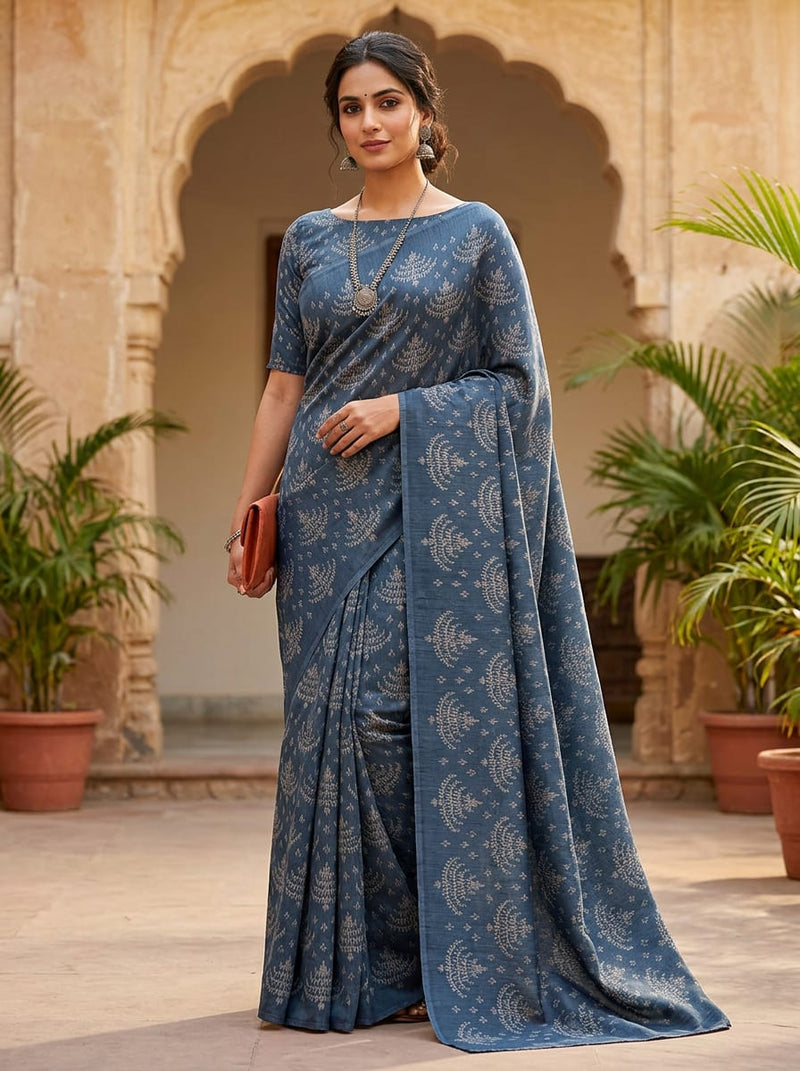 Blue Ethnic Chandelier Motif Tusser Silk Digital Printed Fabric