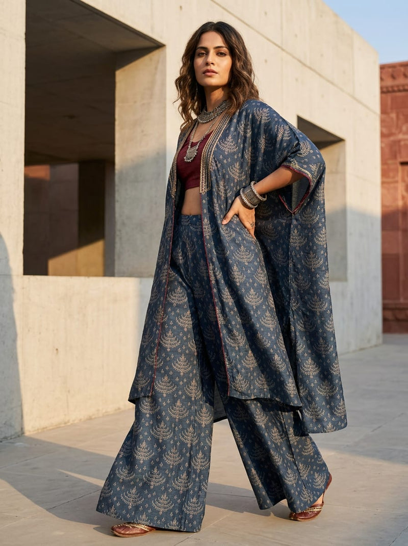 Blue Ethnic Chandelier Motif Tusser Silk Digital Printed Fabric