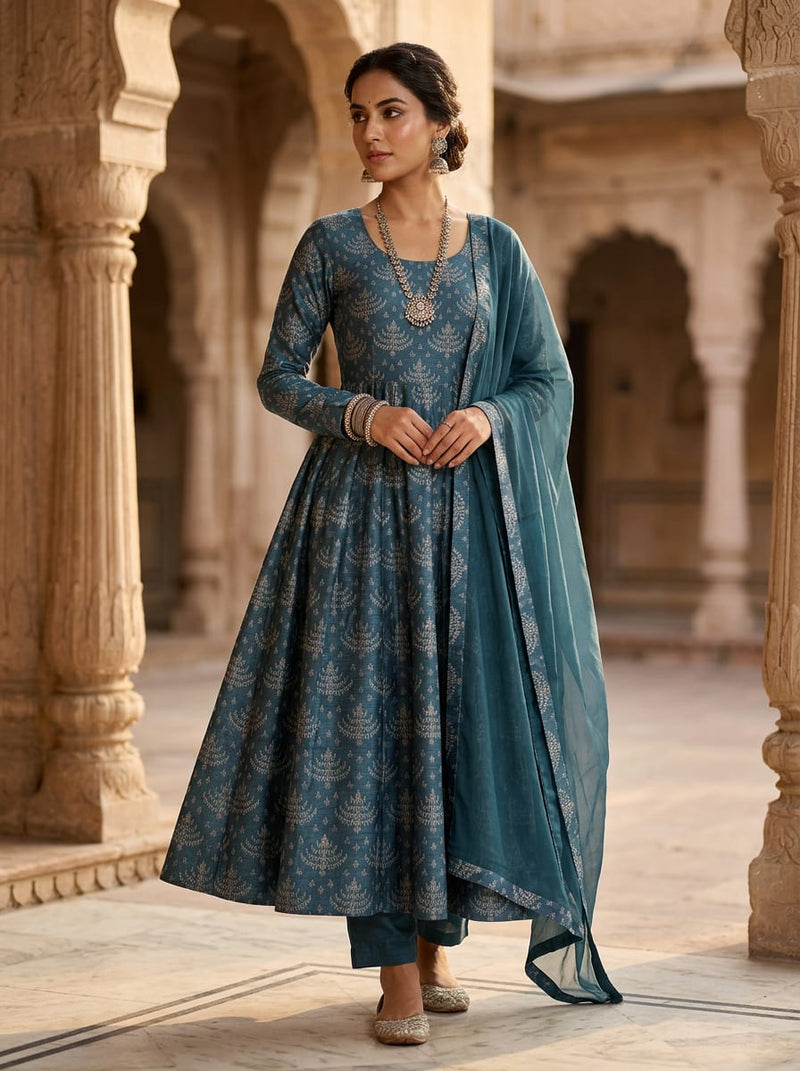 Blue Ethnic Chandelier Motif Tusser Silk Digital Printed Fabric