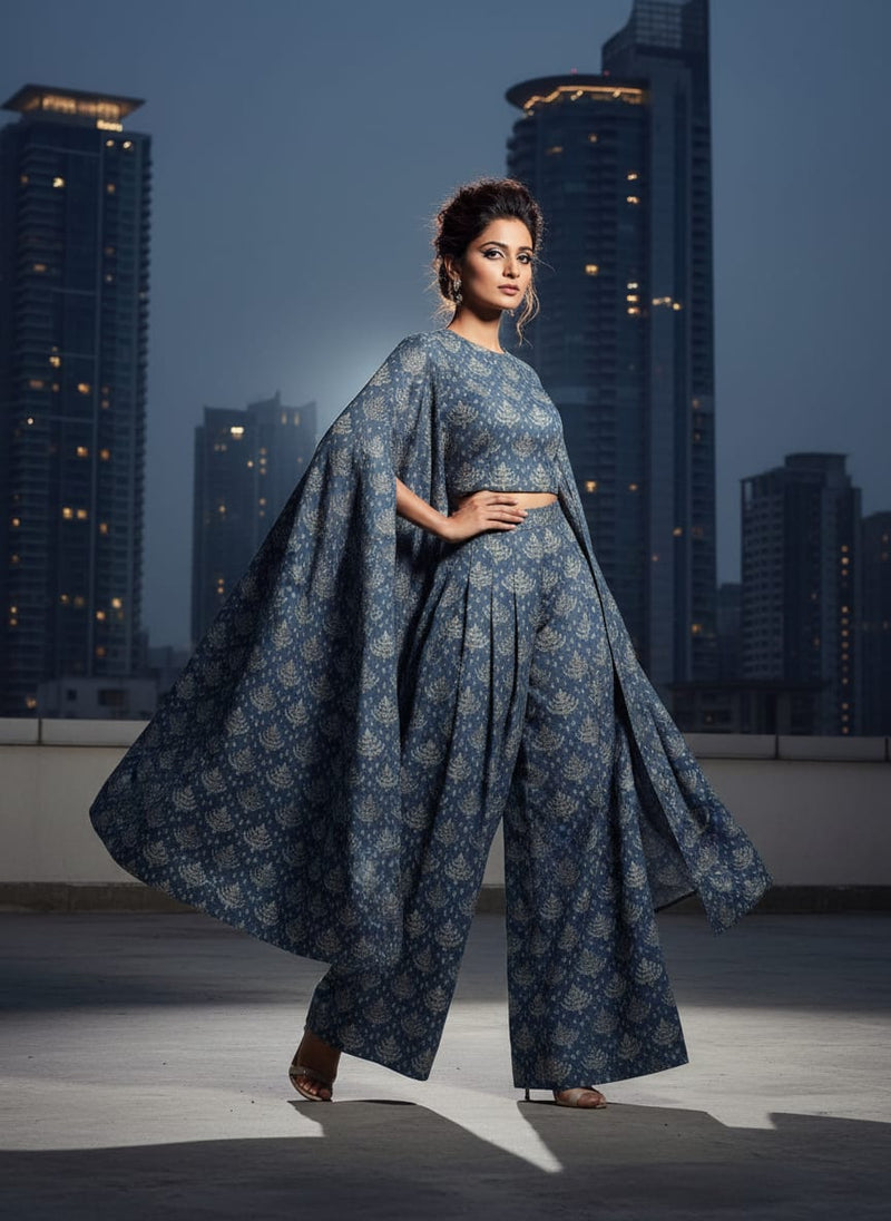 Suzani Over Blue Base Digital Printed Fabric