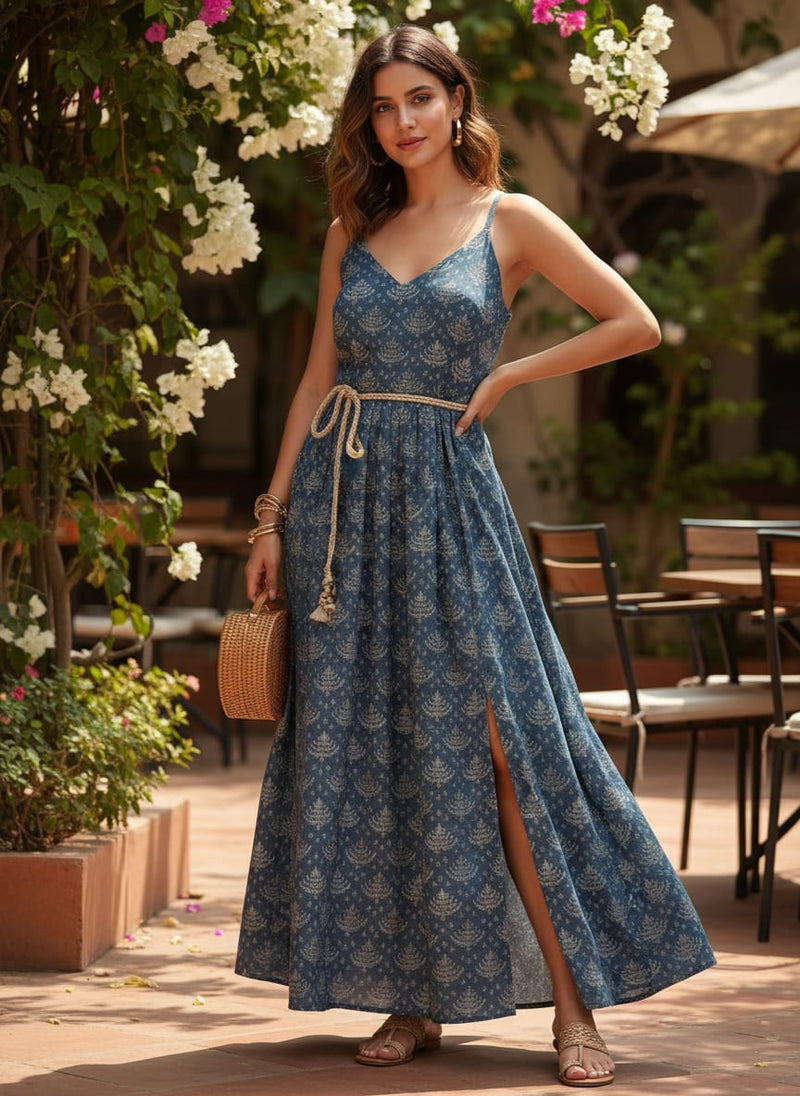 Suzani Over Blue Base Digital Printed Fabric
