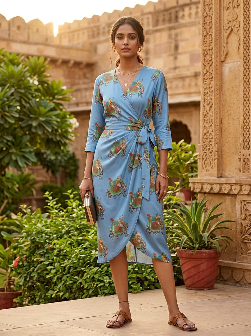 Blue Indian Royal Elephant Motif Silk Crepe Digital Printed Fabric