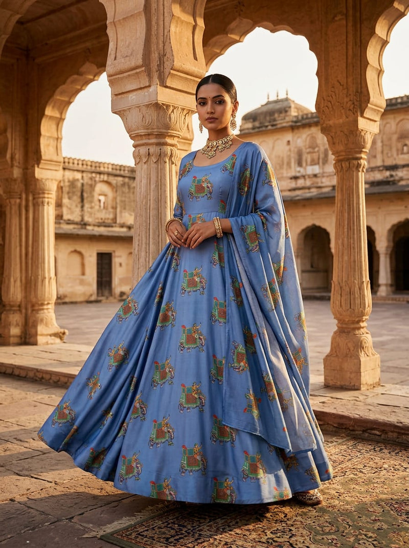 Blue Indian Royal Elephant Motif Silk Crepe Digital Printed Fabric