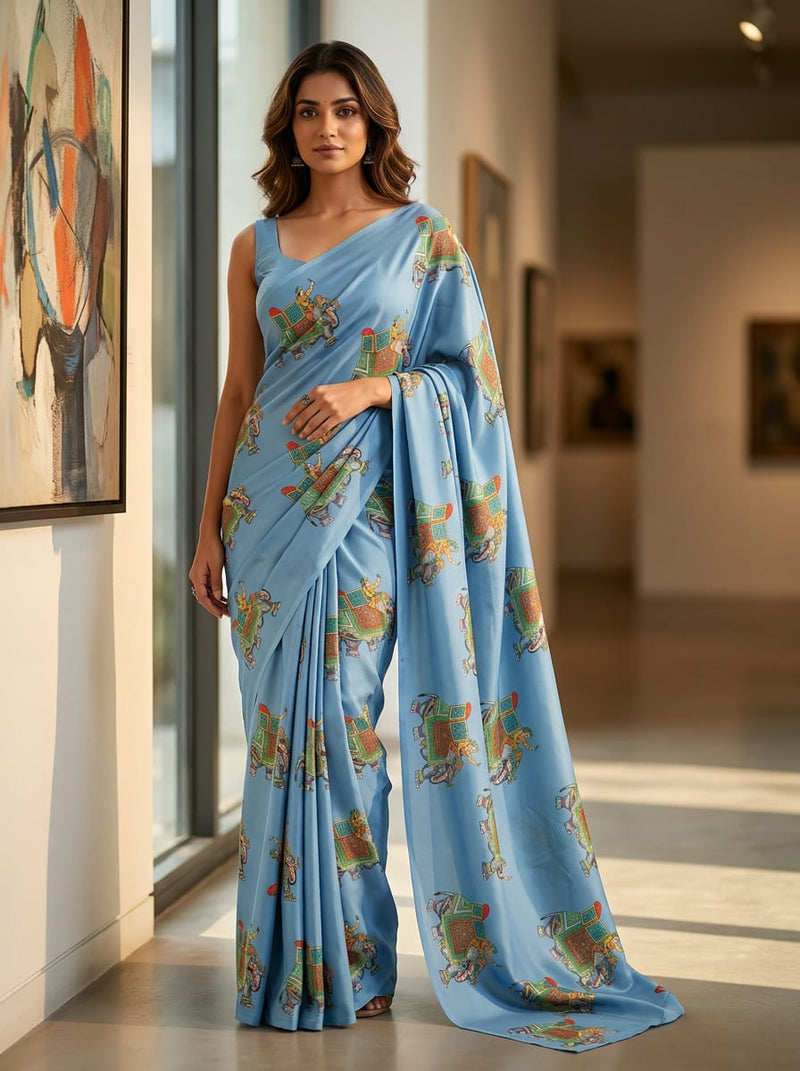 Blue Indian Royal Elephant Motif Silk Crepe Digital Printed Fabric