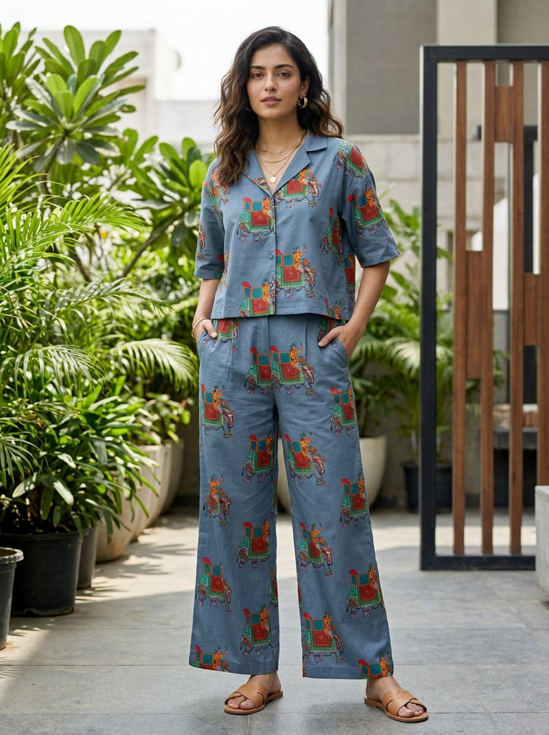 Blue Ethnic Royal Elephant Print Pure Cotton Digital Printed Fabric