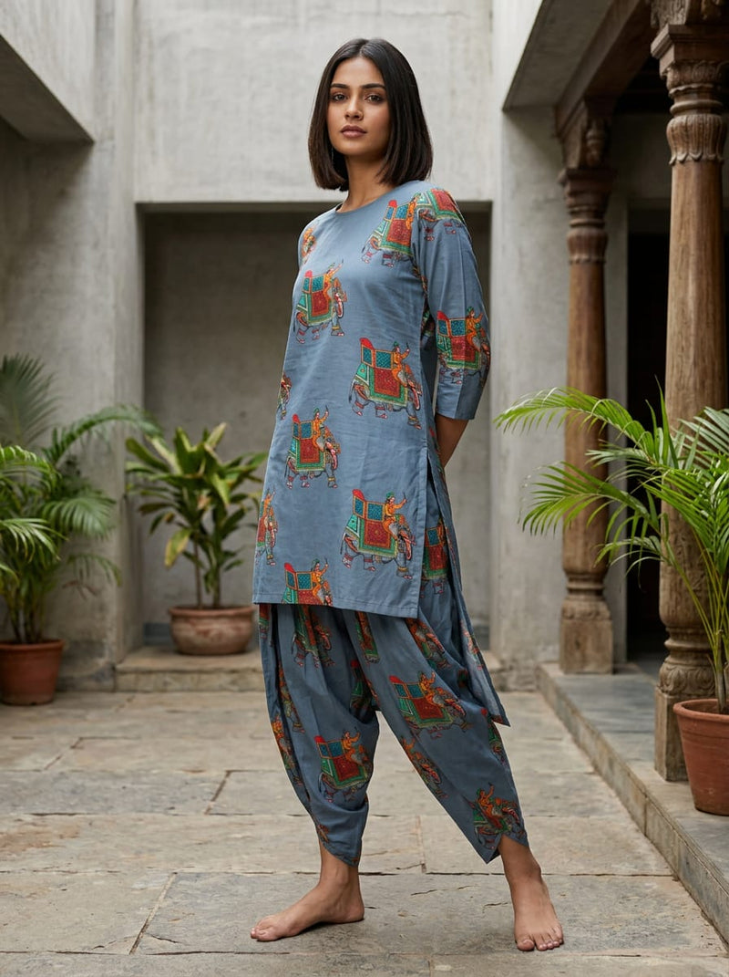 Blue Ethnic Royal Elephant Print Pure Cotton Digital Printed Fabric