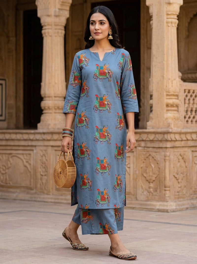 Blue Ethnic Royal Elephant Print Pure Cotton Digital Printed Fabric