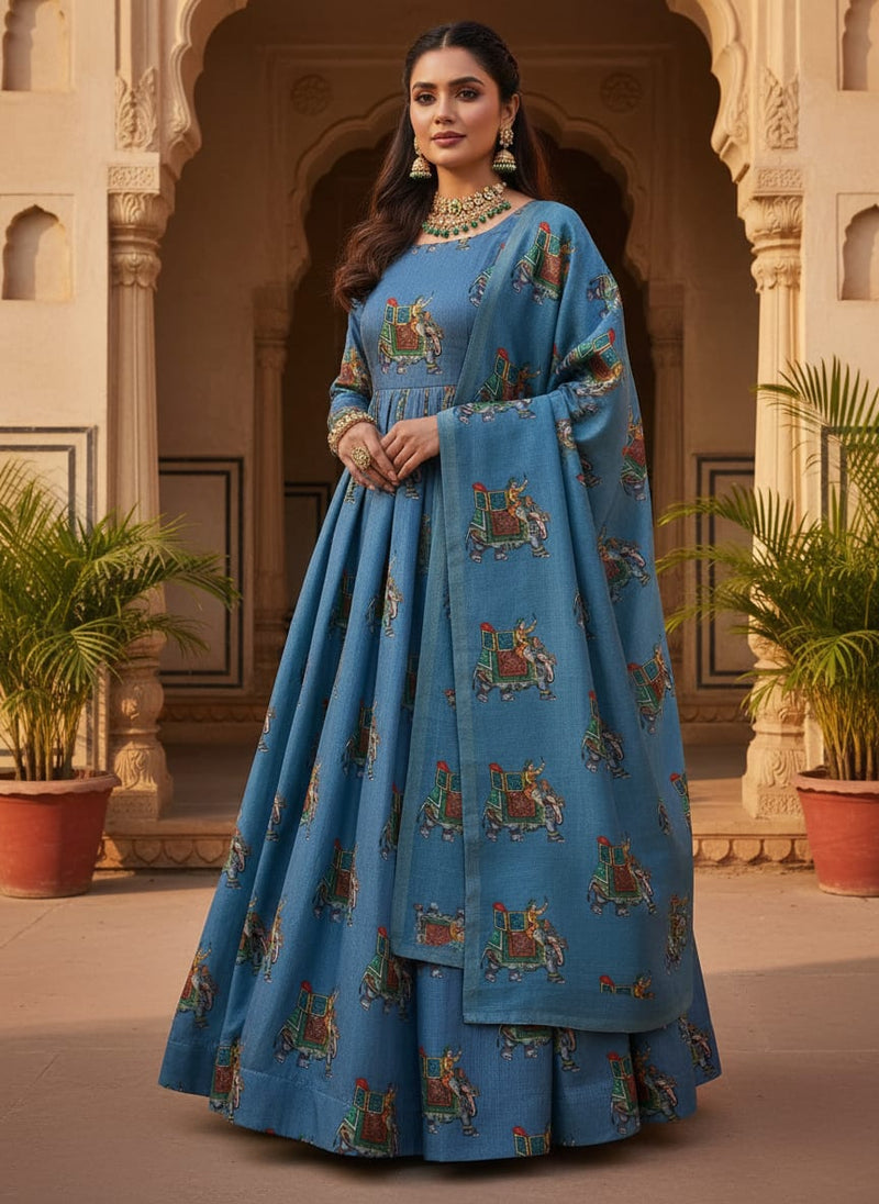 Traditional Elephant Motif Digital Printed Fabric