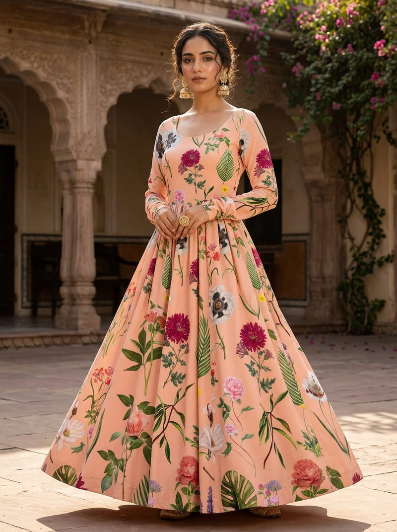 Peach Botanical Garden Floral Silk Crepe Digital Printed Fabric