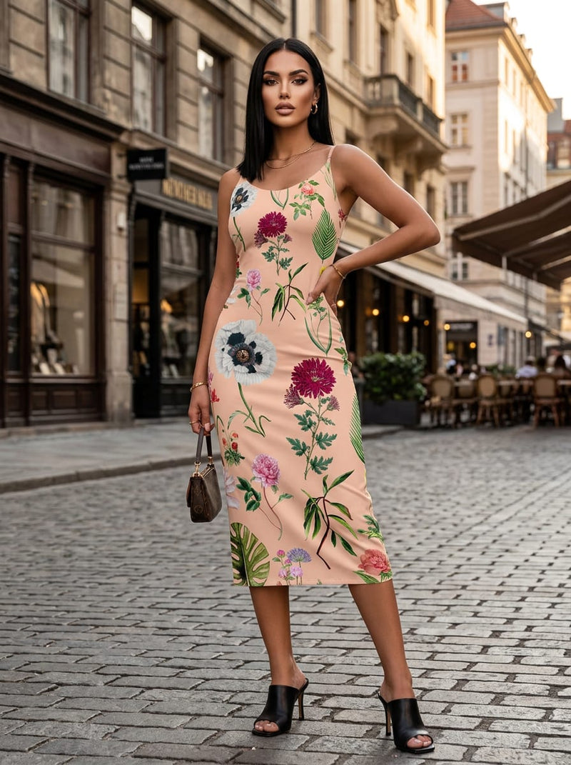 Peach Botanical Garden Floral Silk Crepe Digital Printed Fabric