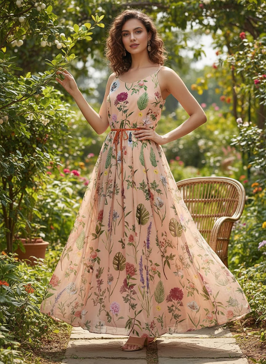 Peach Vintage Botanical Floral Pure Chiffon Digital Printed Fabric