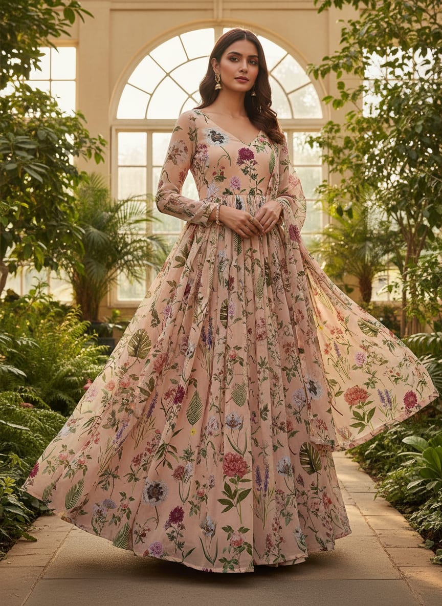 Peach Vintage Botanical Floral Pure Chiffon Digital Printed Fabric