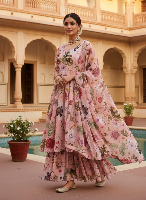 Tropical Flowers Digital Printed Fabric - Sharara Set Lookbook - PC-0-TA0813-106 - alternate view