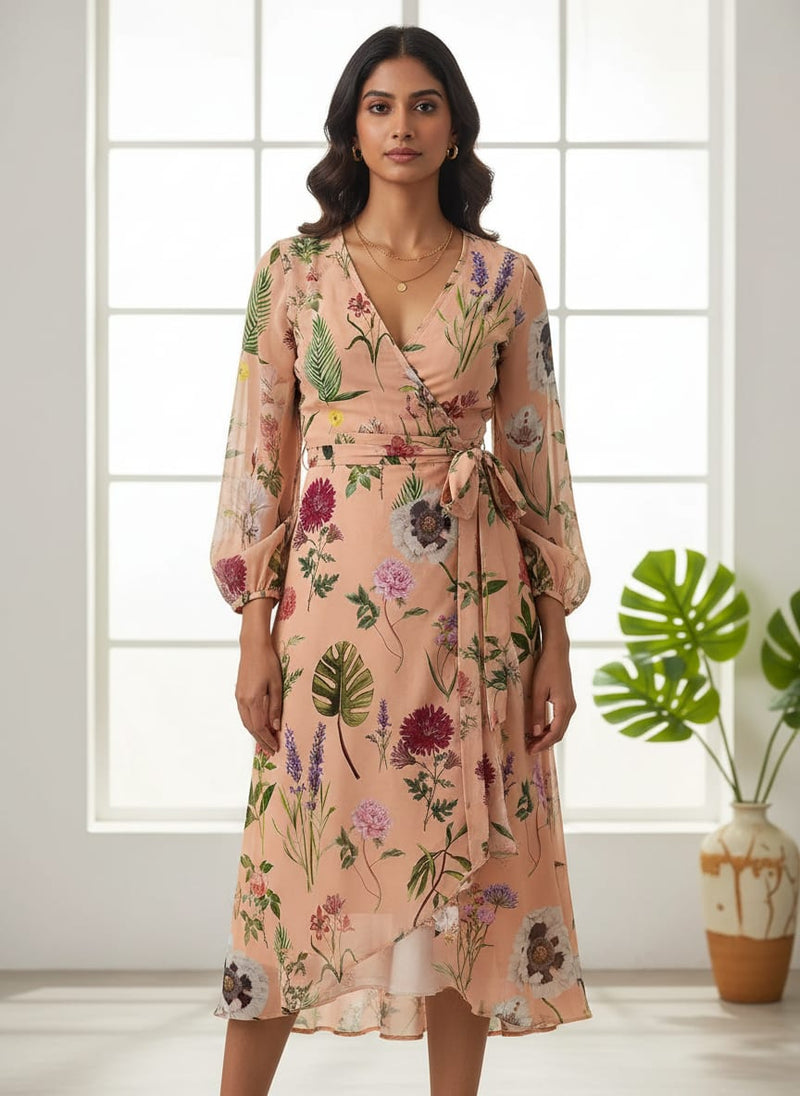 Peach Vintage Botanical Floral Pure Georgette Digital Printed Fabric
