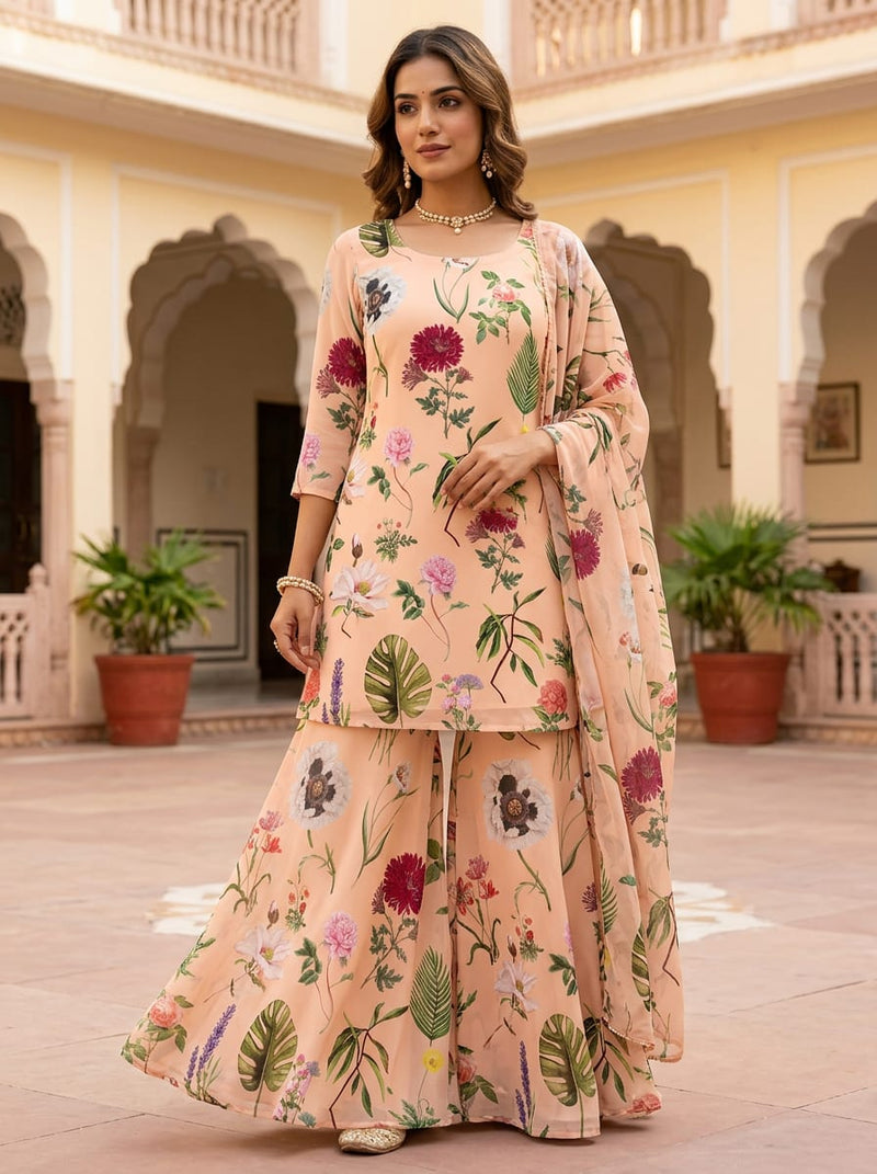 Peach Vintage Botanical Floral Pure Georgette Digital Printed Fabric