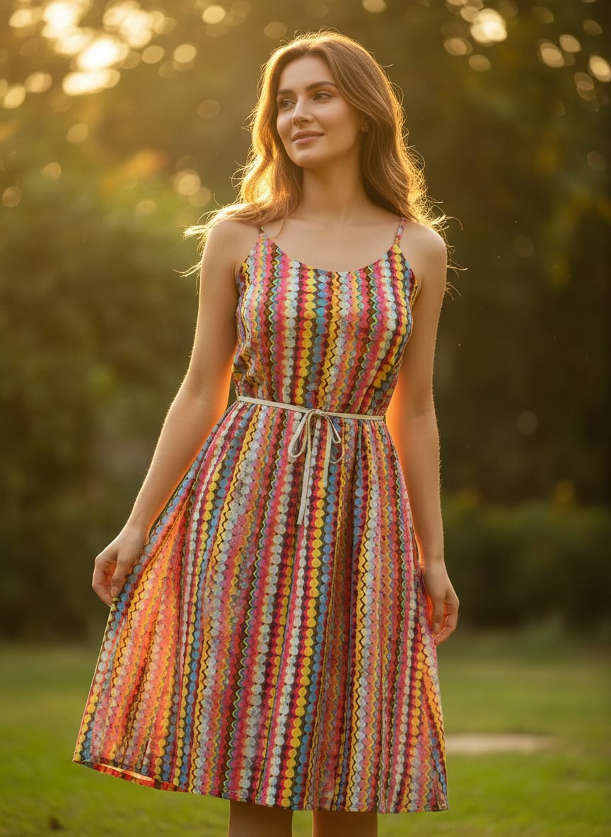Multicolor Abstract Wavy Stripe Pattern Kora Silk Digital Printed Fabric