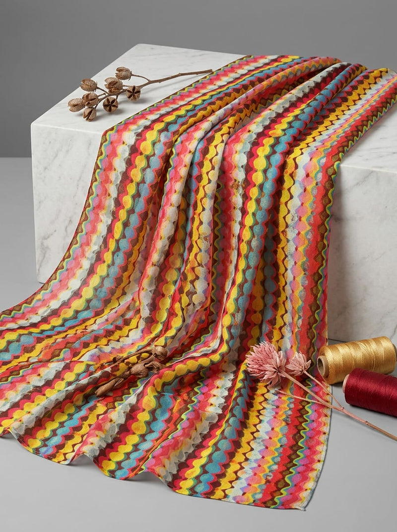 Multicolor Abstract Wavy Stripe Pattern Kora Silk Digital Printed Fabric