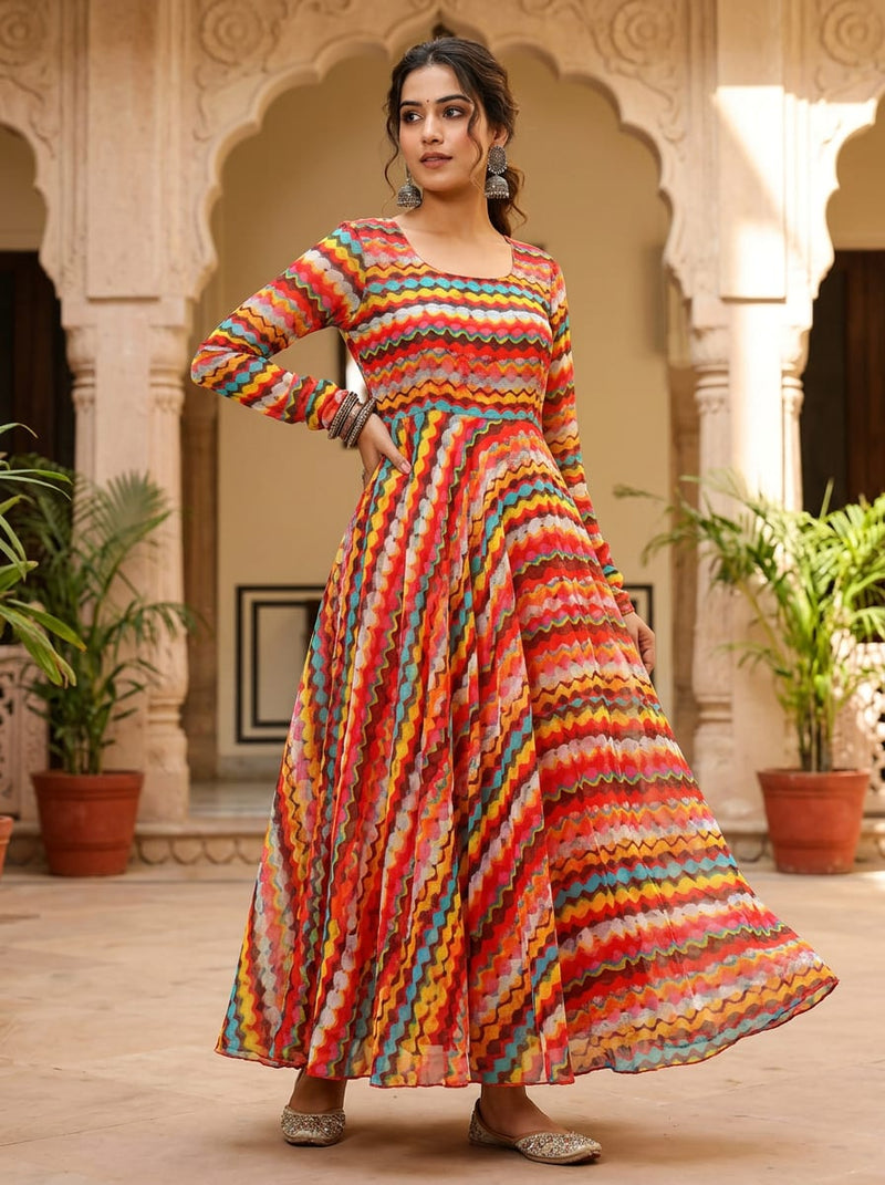 Multicolor Colorful Abstract Wavy Stripes Pure Chiffon Digital Printed Fabric