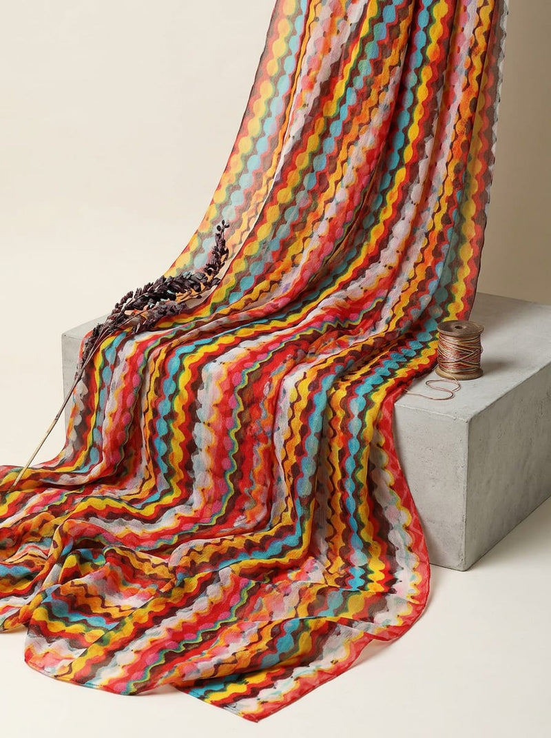 Multicolor Colorful Abstract Wavy Stripes Pure Chiffon Digital Printed Fabric