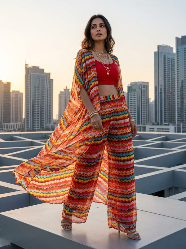 Multicolor Colorful Abstract Wavy Stripes Pure Chiffon Digital Printed Fabric - Cape with Palazzo Lookbook - PCH-0-TA01033-96 - alternate view