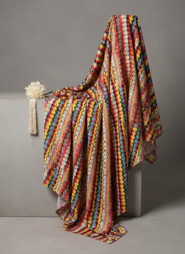 Multicolor Abstract Colorful Scalloped Stripes Pure Chinon Digital Printed Fabric - Fabric Editorial Studio Flatlay Lookbook - PC-0-TA01033-106