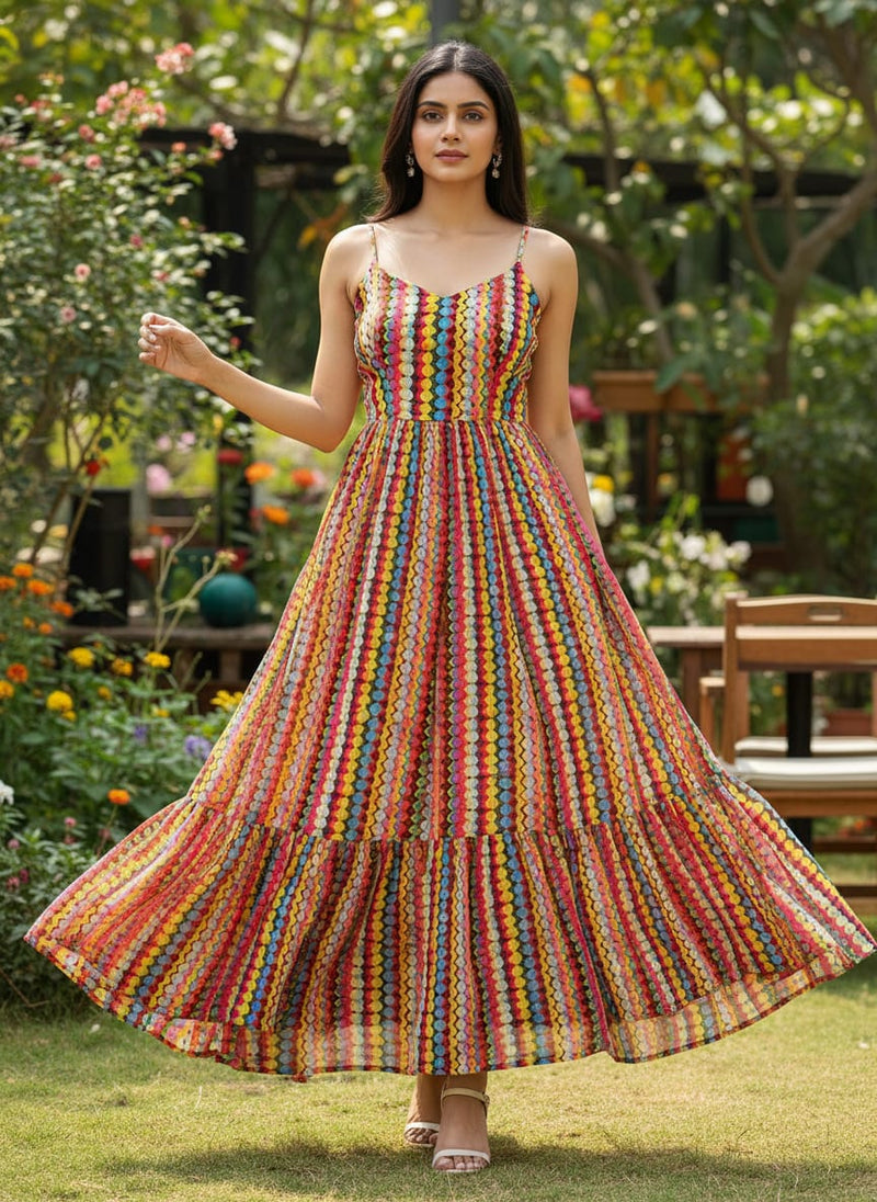 Multicolor Abstract Wavy Stripe Pure Georgette Digital Printed Fabric