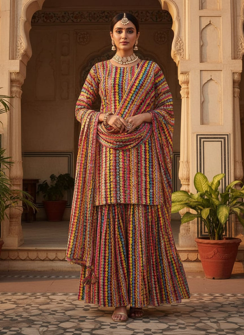 Multicolor Abstract Wavy Stripe Pure Georgette Digital Printed Fabric