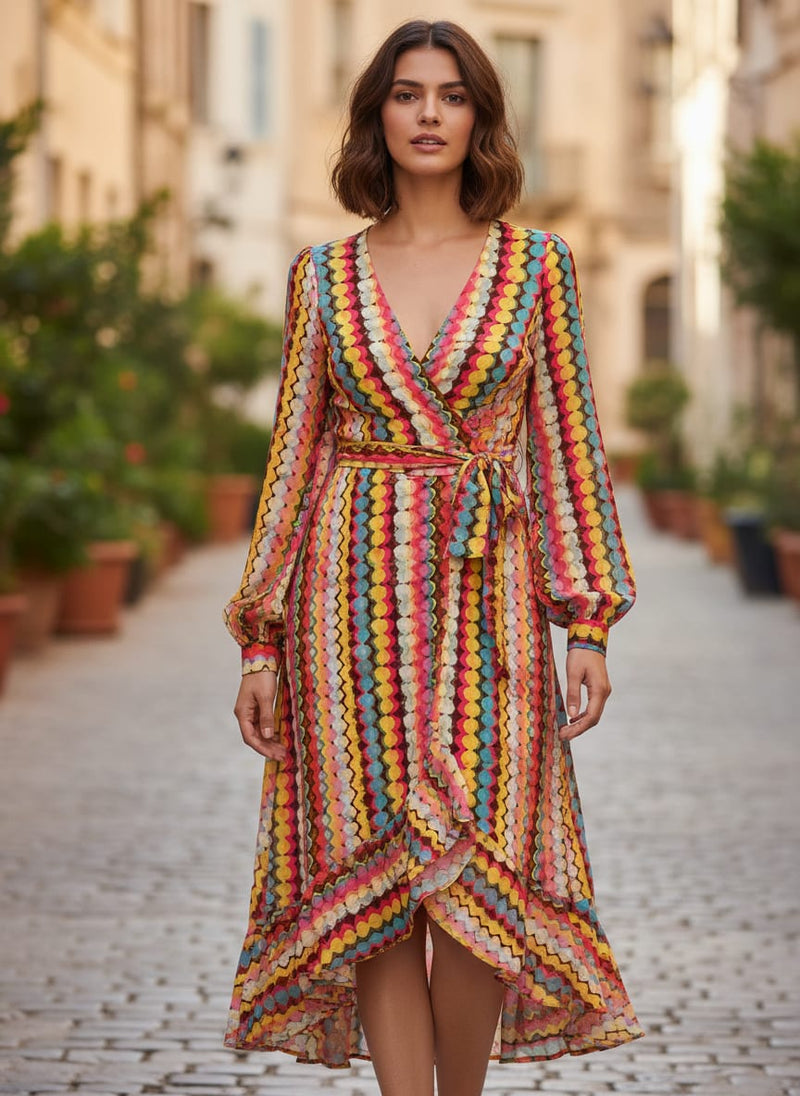Multicolor Abstract Wavy Stripe Pure Georgette Digital Printed Fabric