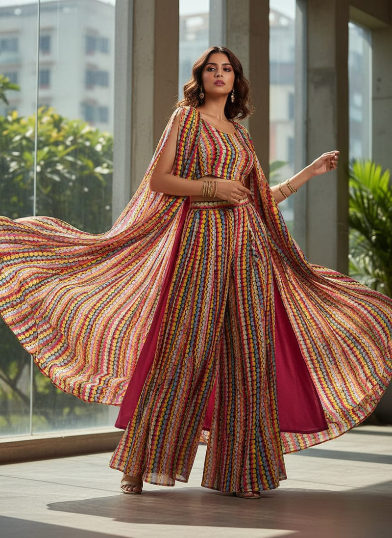 Multicolor Abstract Wavy Stripe Pure Georgette Digital Printed Fabric