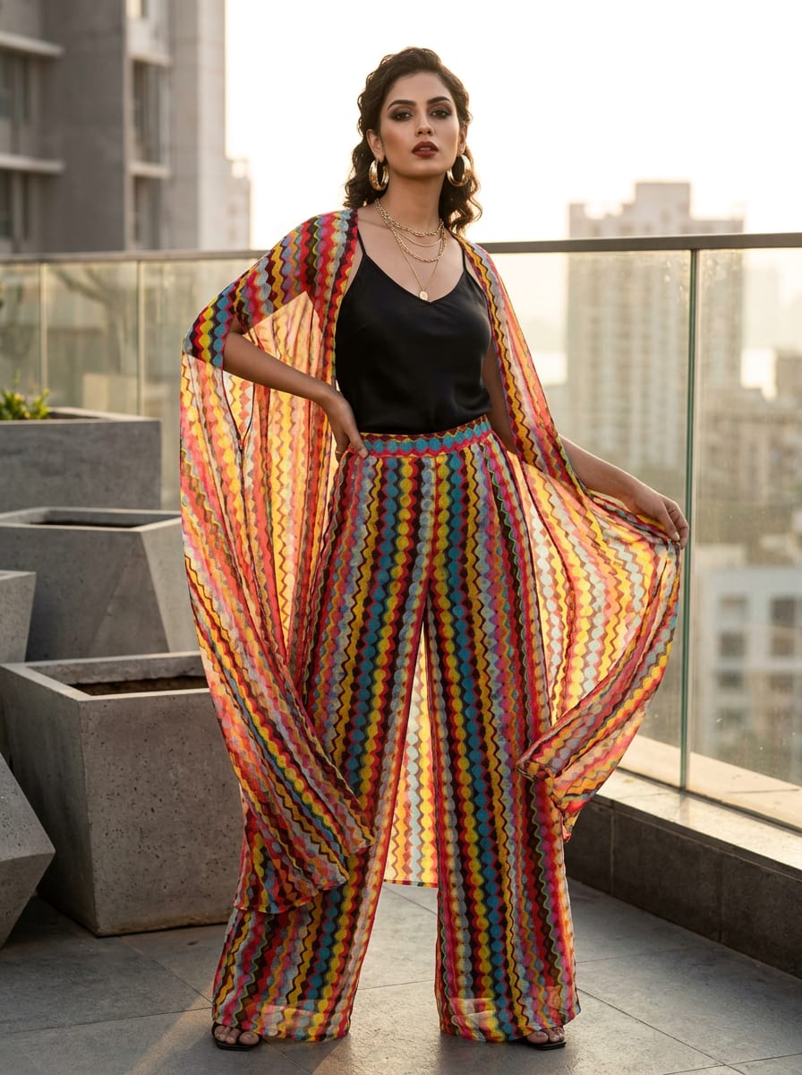 Multicolor Colorful Abstract Wavy Stripe Weightless Digital Printed Fabric