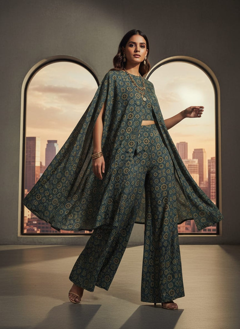 Stylized Medallion Motif Digital Printed Fabric - Tusser Silk