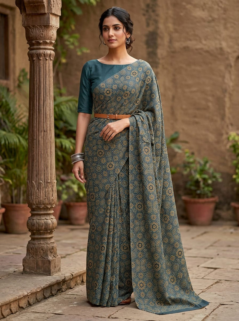 Navy Ethnic Geometric Motif Tusser Silk Digital Printed Fabric