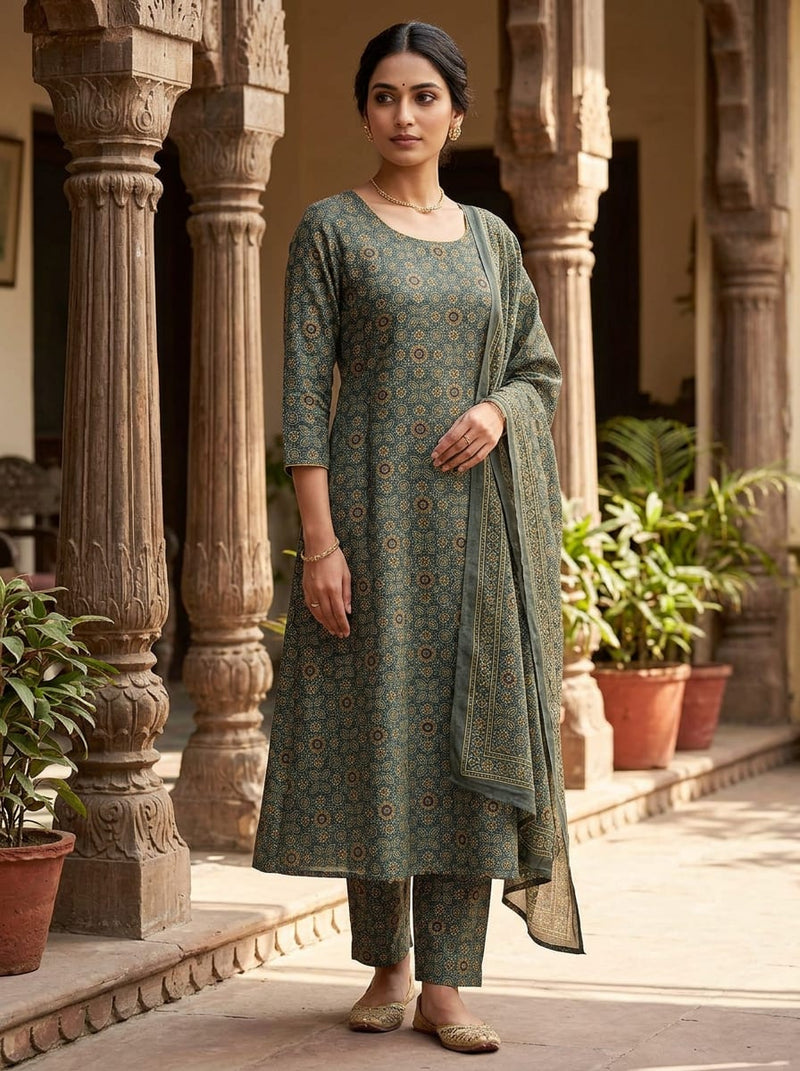 Navy Ethnic Geometric Motif Tusser Silk Digital Printed Fabric